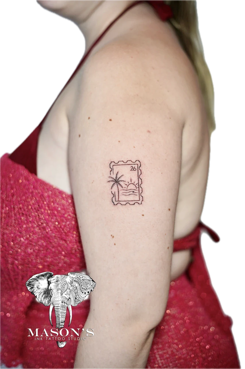Fine Line Palm Tree Frame Tattoo Design - Fineline tattoo by Mason's Ink Tattoo Studio, Bali