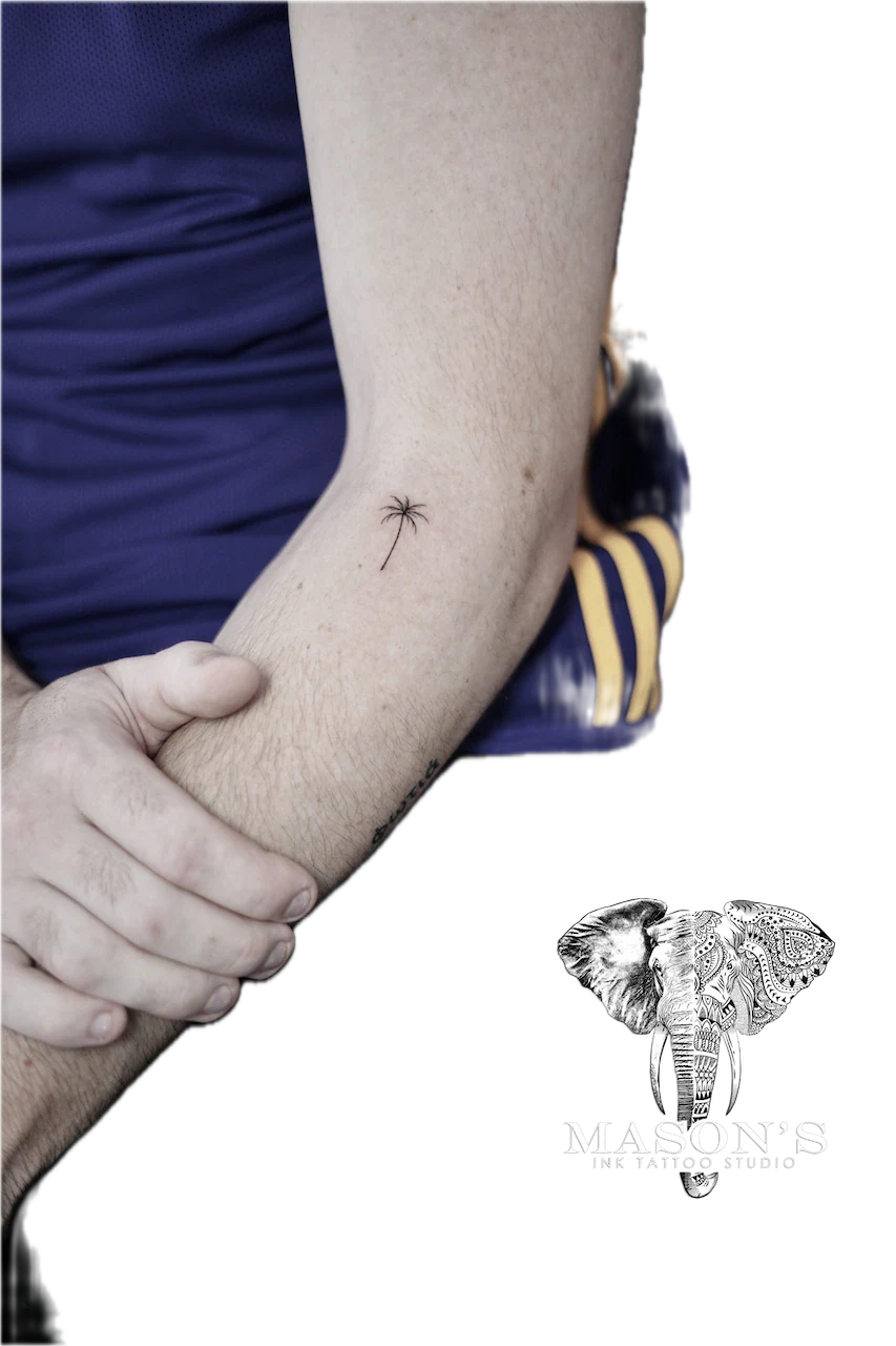 Fine Line Palm Tree Tattoo Design: a small palm tree tattoo on the forearm