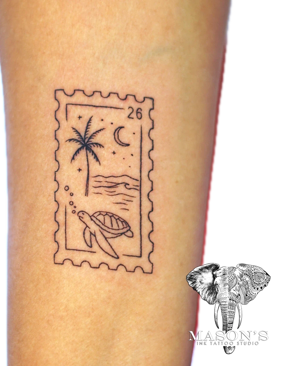 Fine Line Palm Tree and Turtle Tattoo Design - Fineline tattoo by Mason's Ink Tattoo Studio, Bali