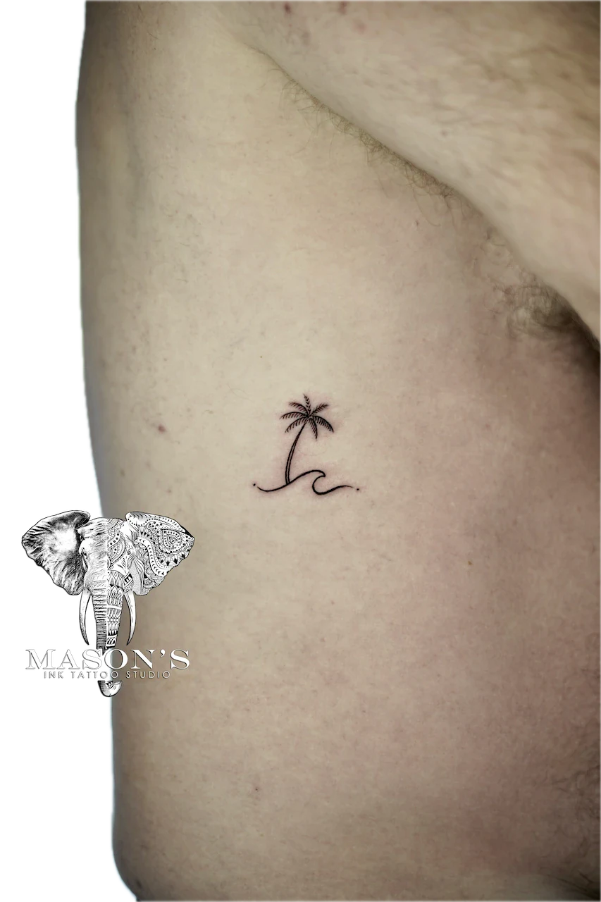 Fine Line Palm Tree and Waves Tattoo Design - Fineline tattoo by Mason's Ink Tattoo Studio, Bali