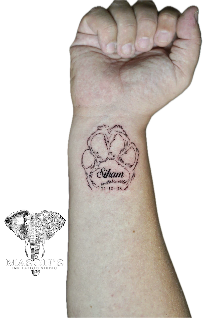 Fine Line Paw and Script Tattoo Design - Fineline tattoo by Mason's Ink Tattoo Studio, Bali