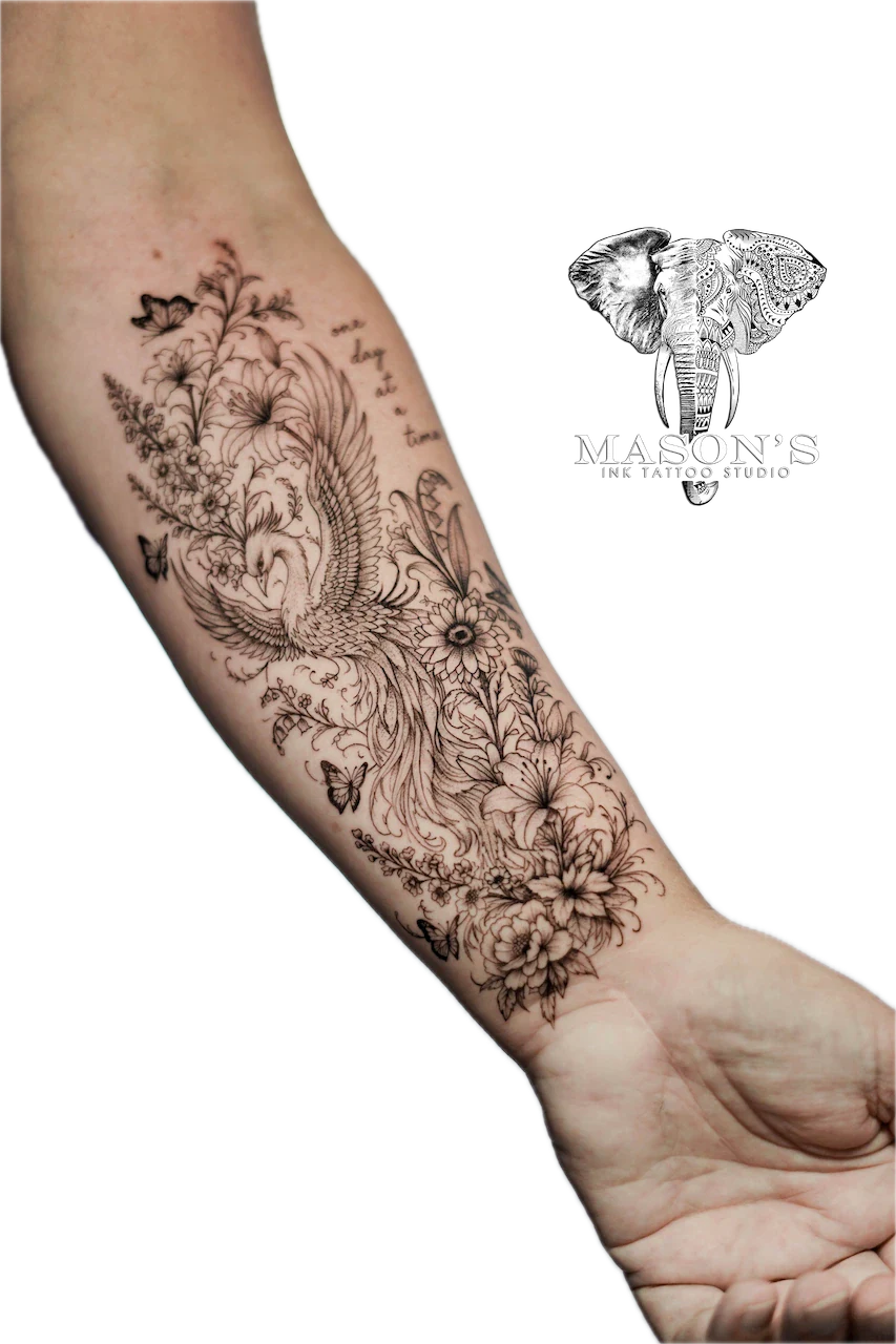 Fine Line Phoenix Floral Tattoo Design - Fineline tattoo by Mason's Ink Tattoo Studio, Bali