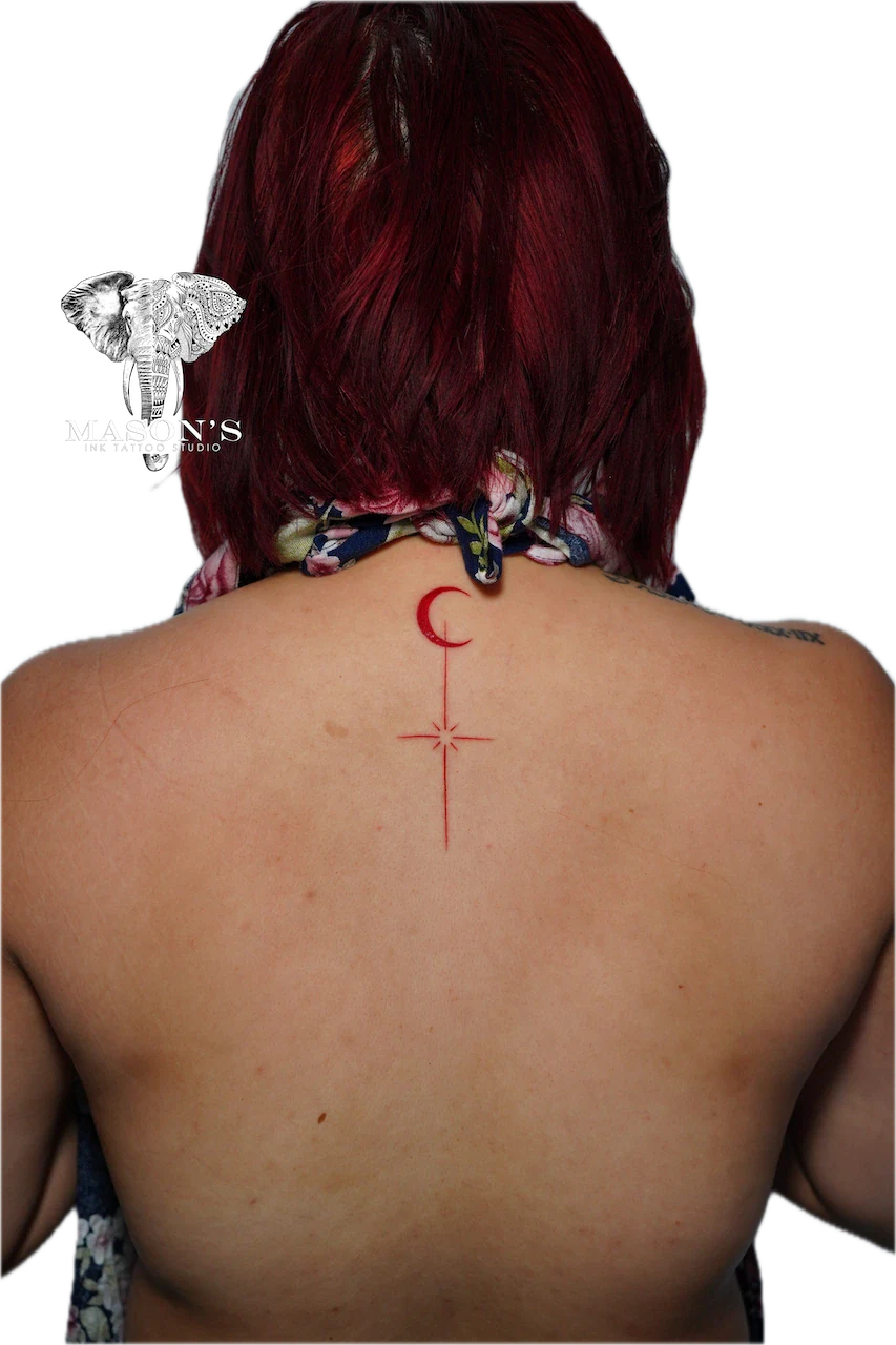 Fine Line Red Accent Tattoo Design - Fineline tattoo by Mason's Ink Tattoo Studio, Bali
