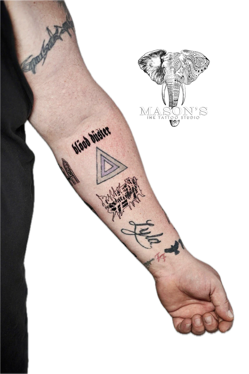 Fine Line Rock Band Script Tattoo Design - Fineline tattoo by Mason's Ink Tattoo Studio, Bali