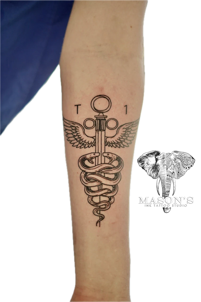 Fine Line Rod of Asclepius Tattoo Design - Fineline tattoo by Mason's Ink Tattoo Studio, Bali