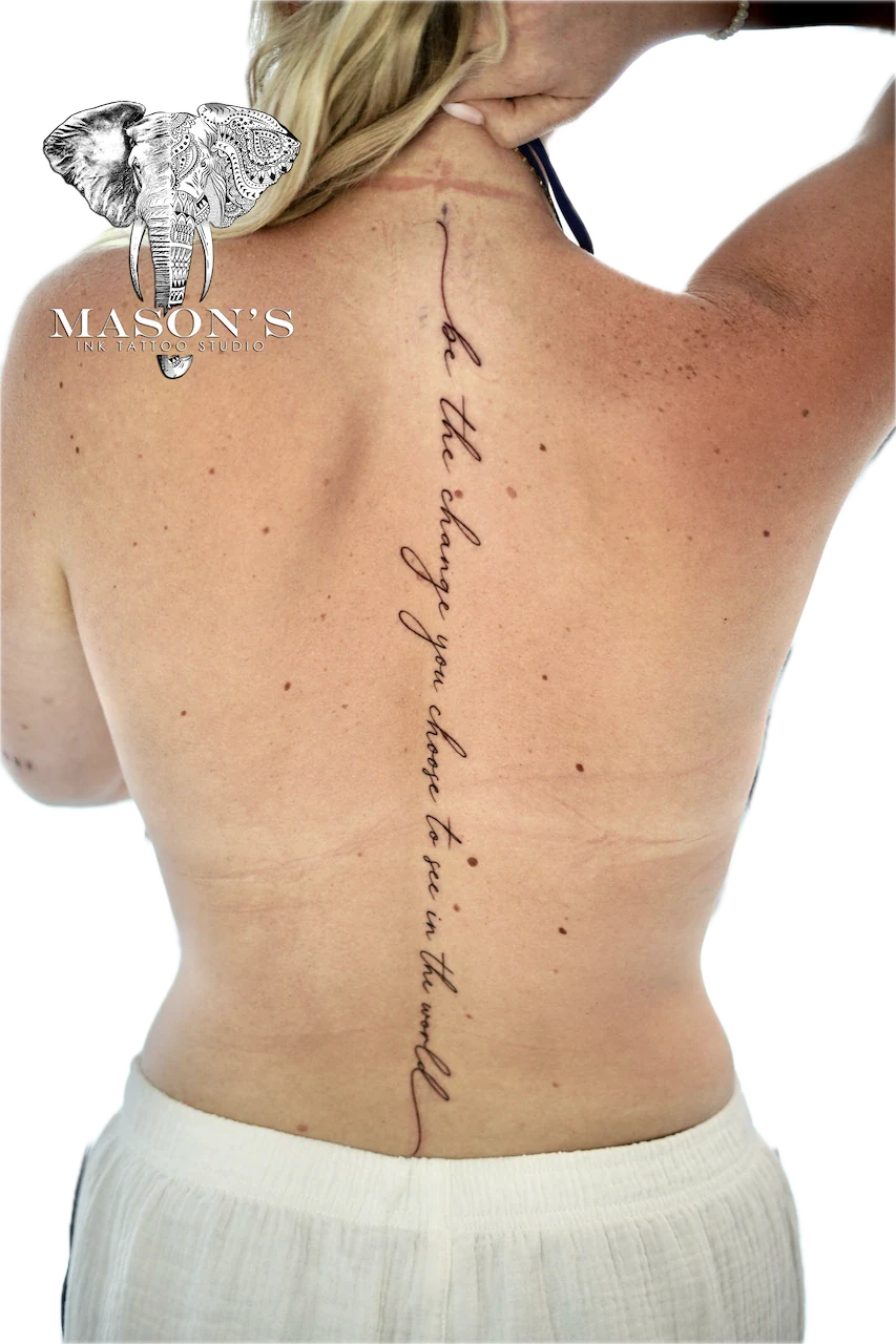 Fine Line Script Back Tattoo Design - Fineline tattoo by Mason's Ink Tattoo Studio, Bali