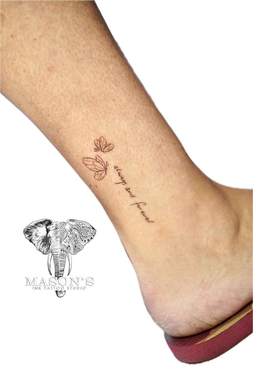 Fine Line Script Butterfly Tattoo - Fineline tattoo by Mason's Ink Tattoo Studio, Bali