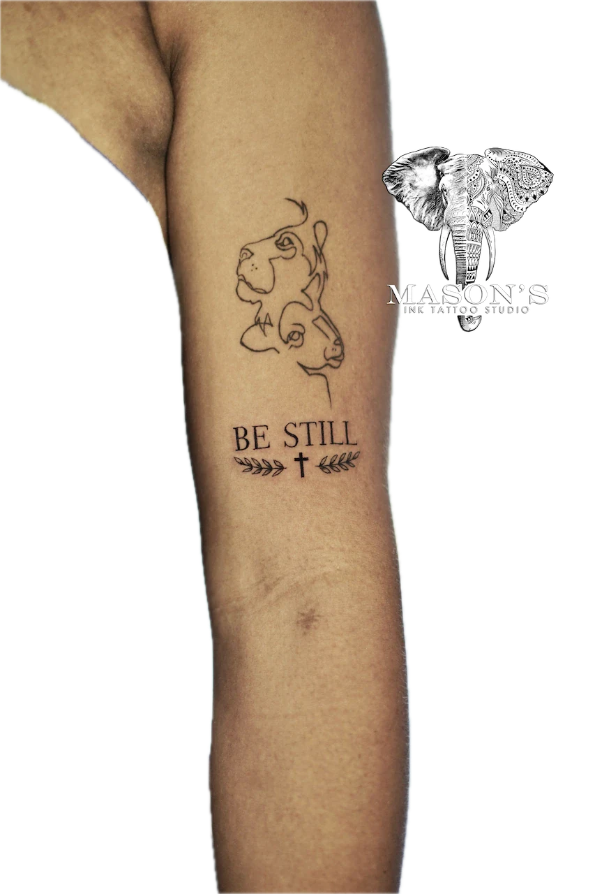 Fine Line Script Cross and Leaf Tattoo Design - Fineline tattoo by Mason's Ink Tattoo Studio, Bali