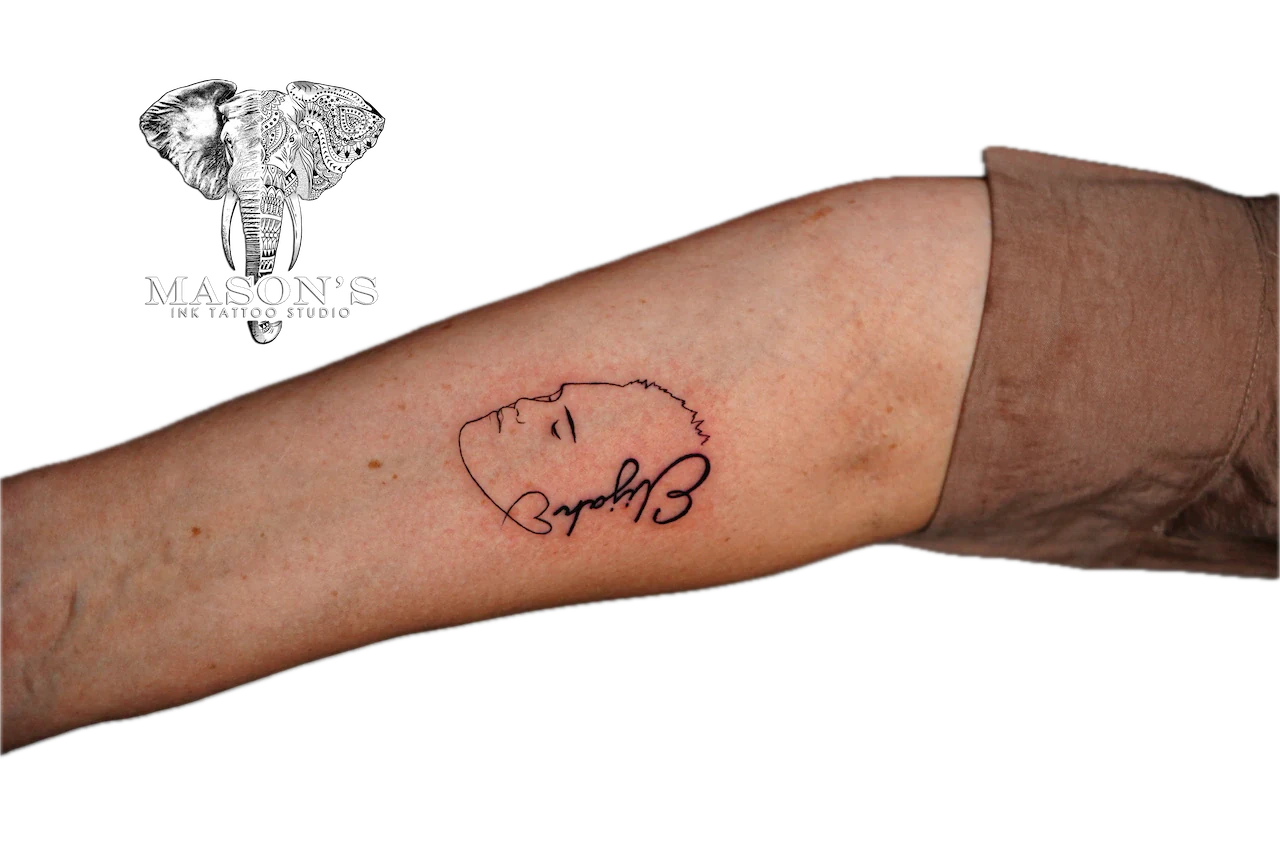 Fine Line Script Face Outline Tattoo Design - Fineline tattoo by Mason's Ink Tattoo Studio, Bali