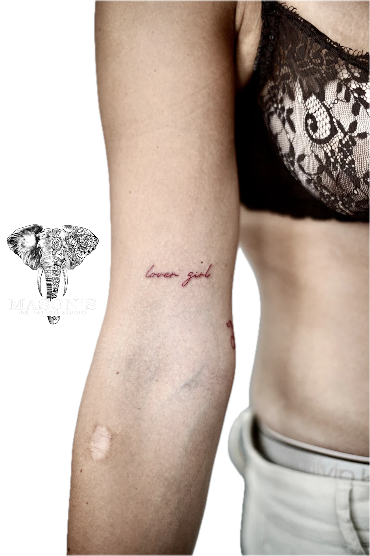 Fine Line Script Lover Girl Tattoo by Mason's Ink Tattoo Studio, Bali