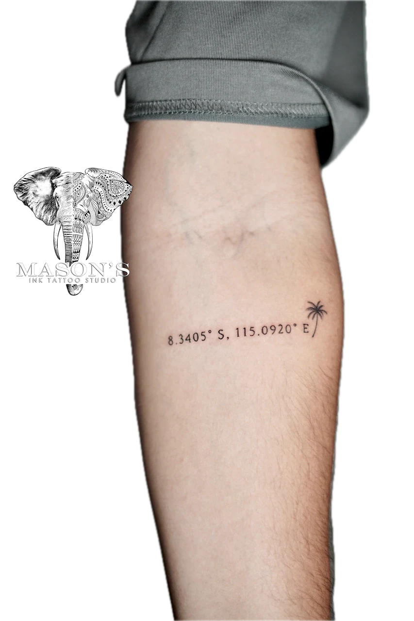 Fine Line Script Tattoo Design: Minimalist coordinates and palm tree tattoo on the calf