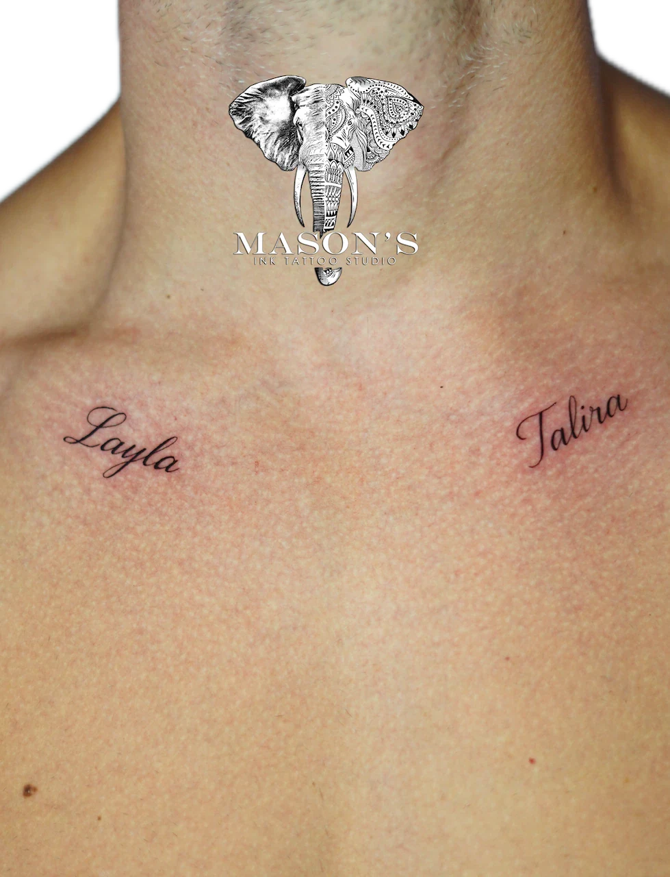 Fine Line Script Tattoo Design: Small elephant tattoo with names on the sternum