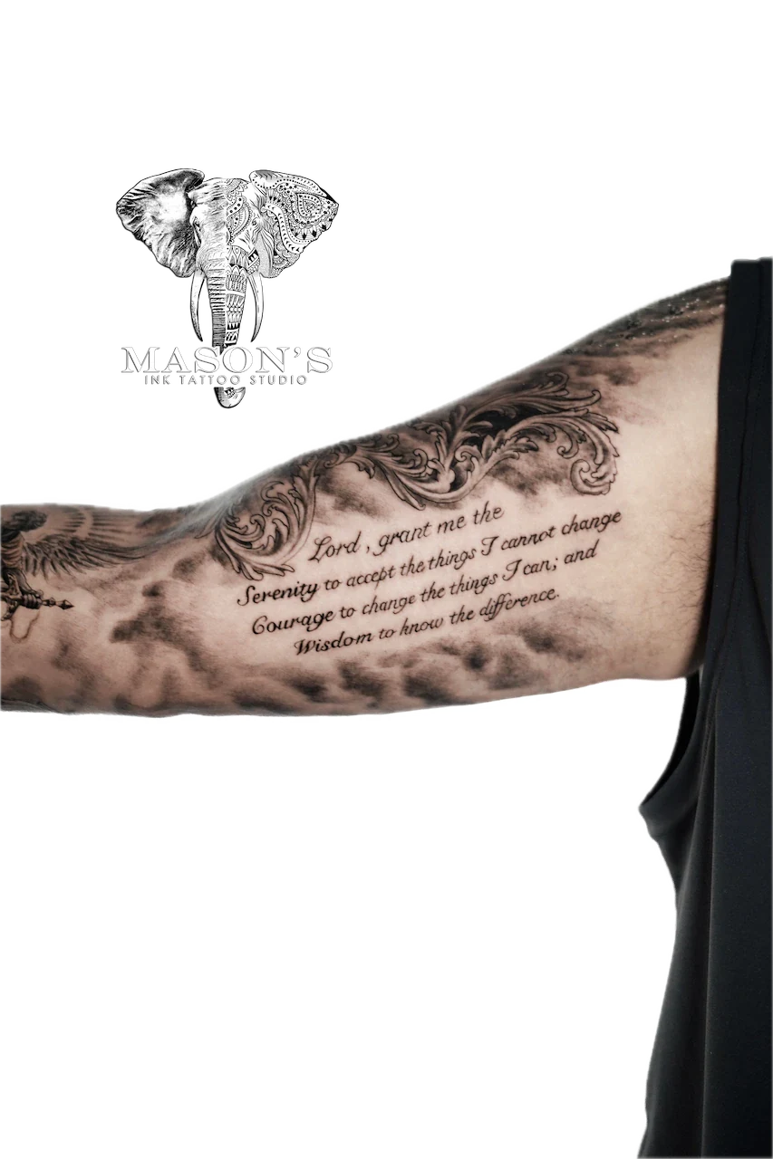 Fine Line Script Tattoo Design: Spiritual lettering with wings and clouds on a forearm