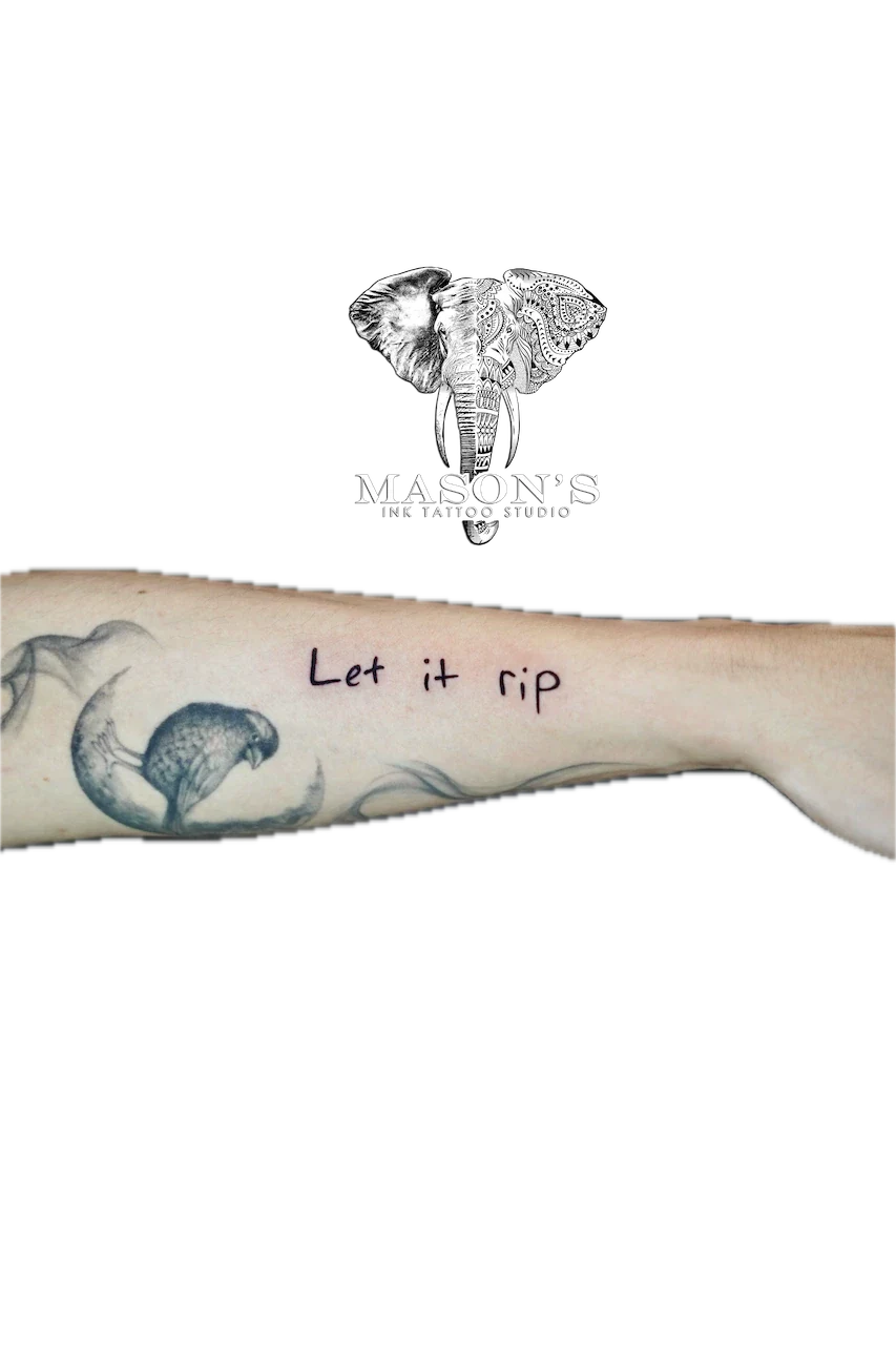 Fine Line Script Tattoo Design: a forearm tattoo with a bird, fish, wave and lettering
