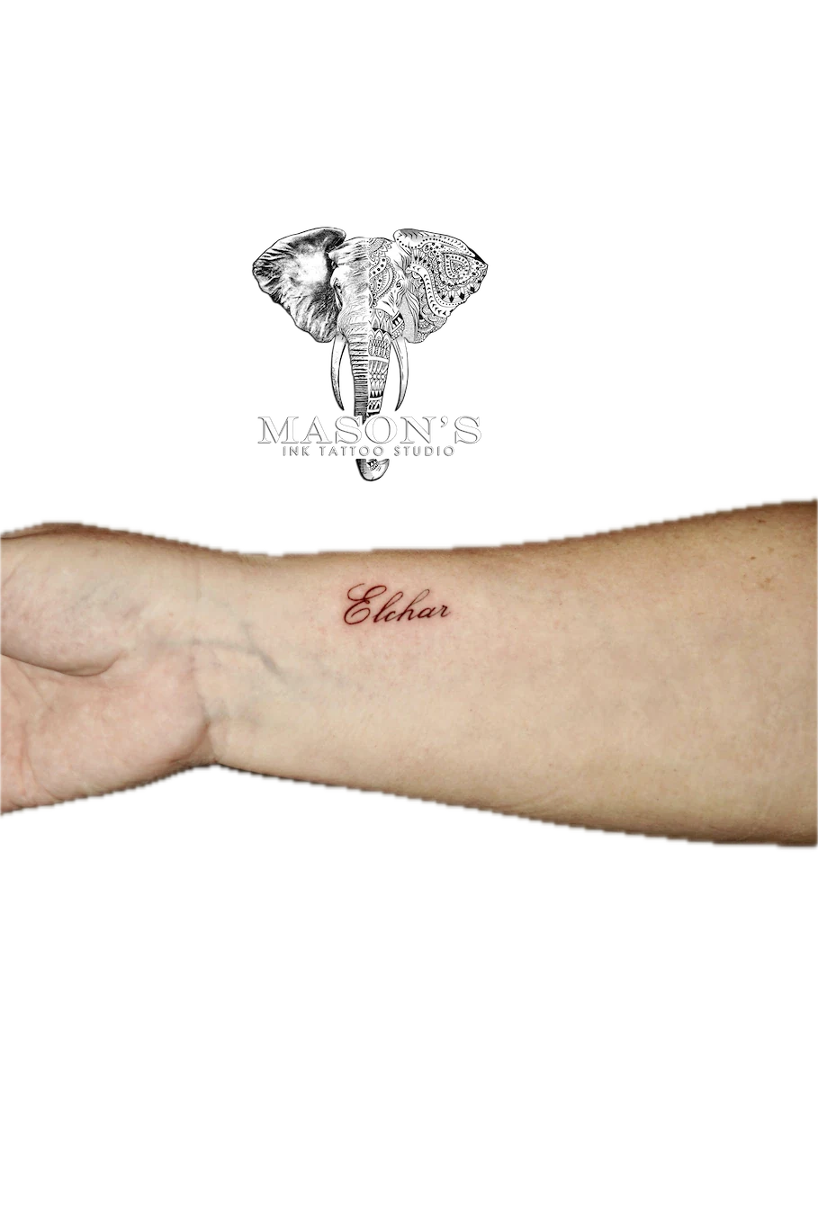 Fine Line Script Tattoo Design: a small red lettering tattoo on the forearm