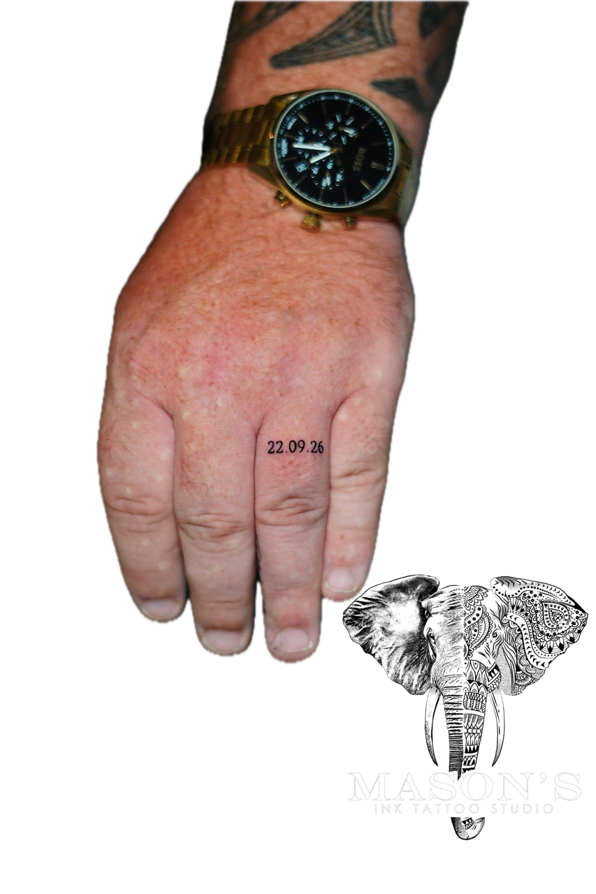 Fine Line Script Tattoo Design: a date tattooed on a finger