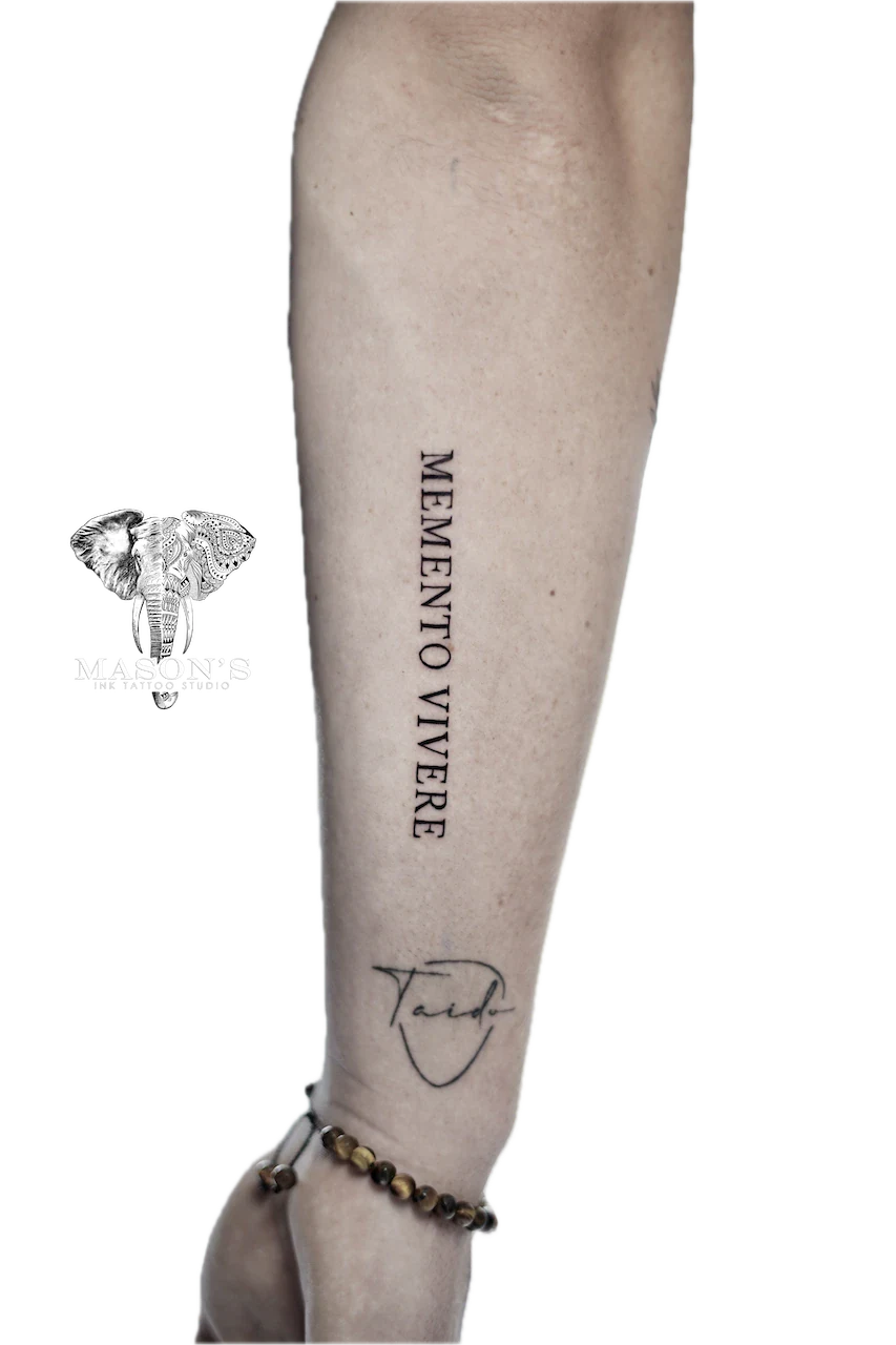Fine Line Script Tattoo Designn by Mason's Ink Tattoo Studio, Bali