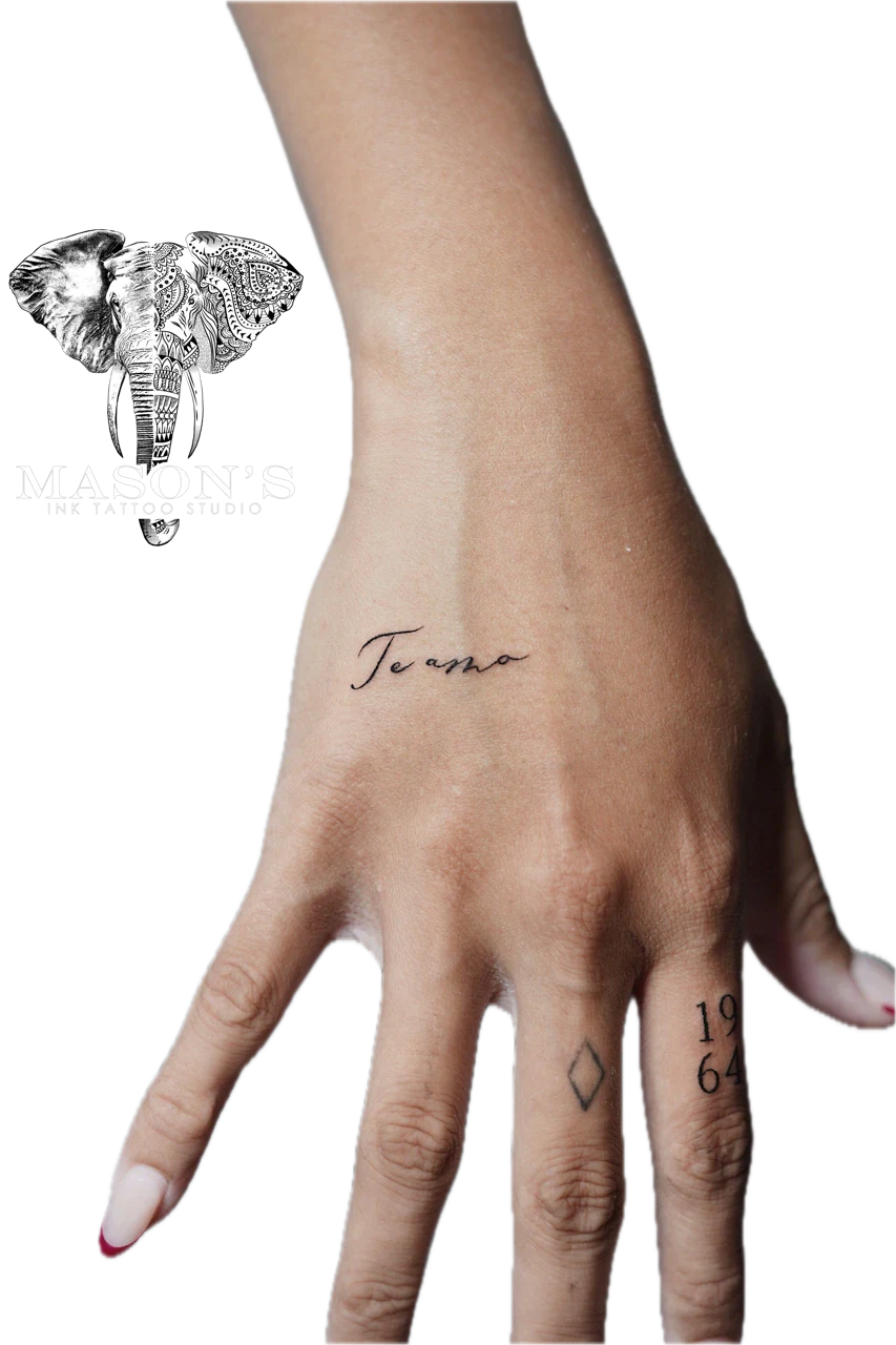 Fine Line Script Tattoo Style: Minimalist lettering and diamond with numbers on the hand