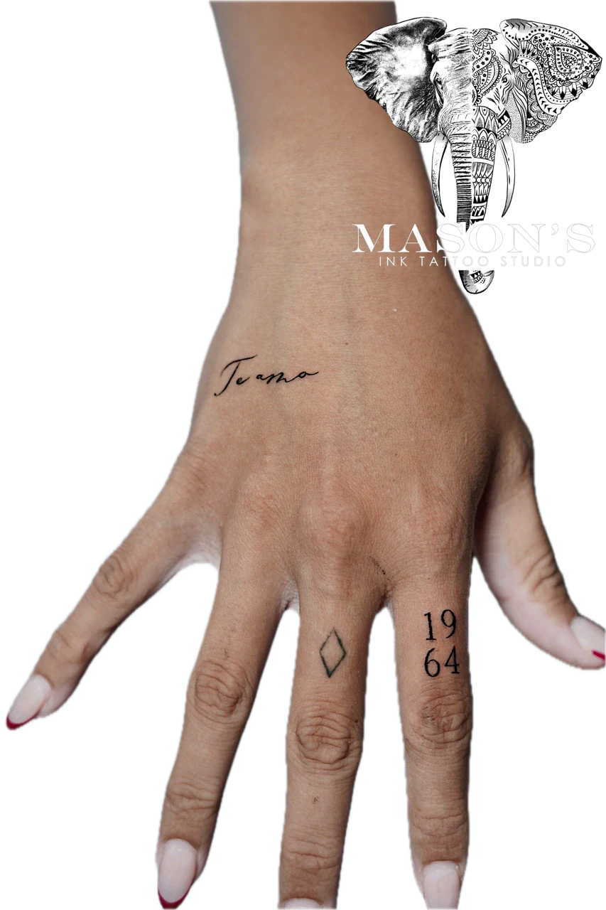 Fine Line Script Tattoo Style: Minimalist hand tattoo with lettering and numbers