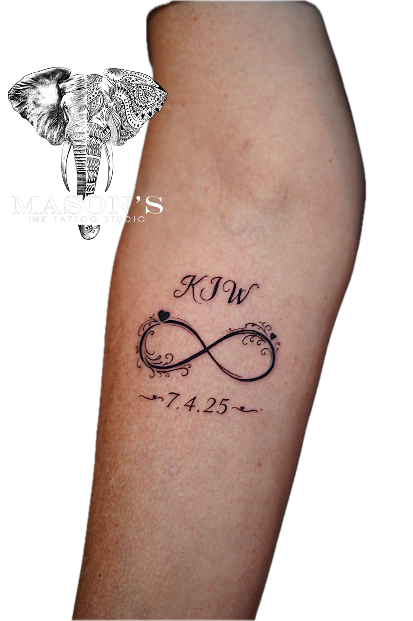 Fine Line Script Tattoo Style: Minimal infinity symbol with initials and date on forearm