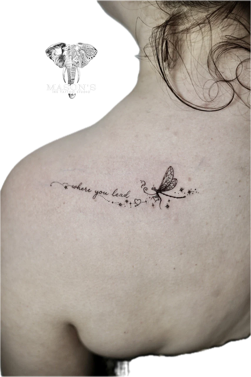 Fine Line Script and Dragonfly Tattoo - Fineline tattoo by Mason's Ink Tattoo Studio, Bali
