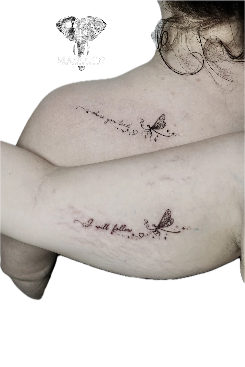 Fine Line Script and Dragonfly Tattoo Design: Two small butterfly tattoos with love-themed lettering on the back