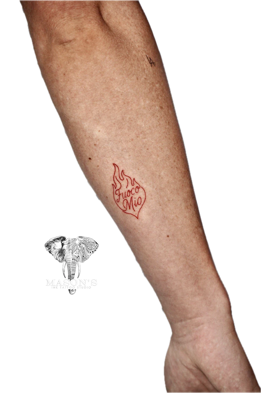 Fine Line Script and Fire Tattoo Design - Fineline tattoo by Mason's Ink Tattoo Studio, Bali