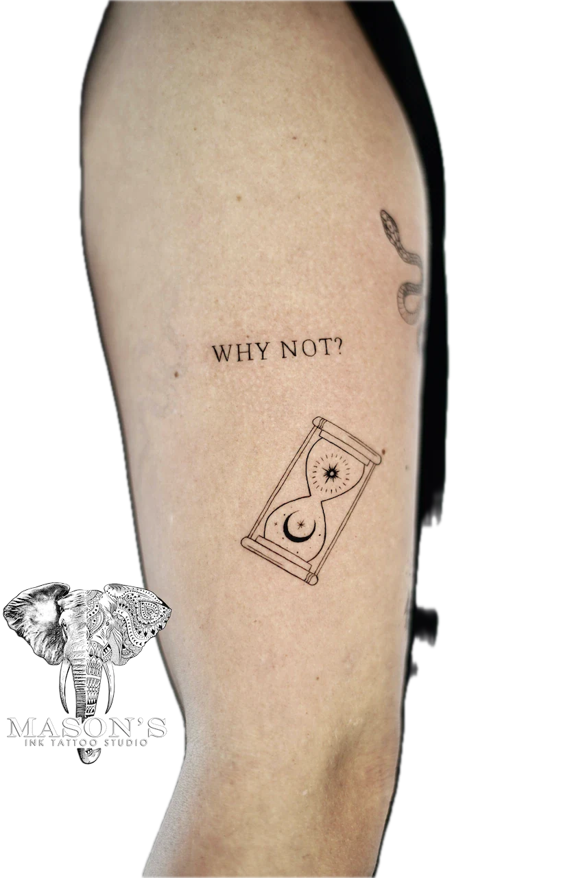 Fine Line Script and Hourglass Tattoo Design - Fineline tattoo by Mason's Ink Tattoo Studio, Bali