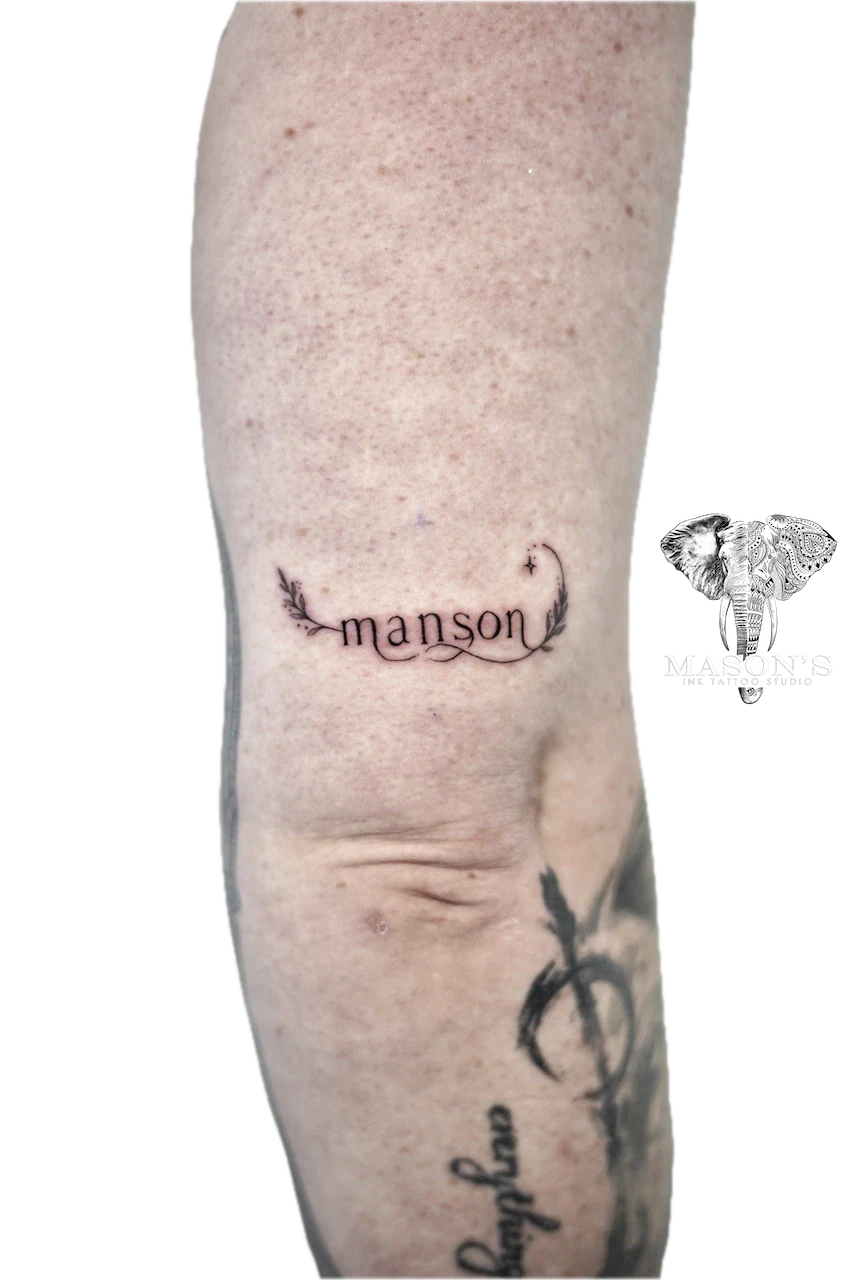 Fine Line Script and Leaf Tattoo Design - Fineline tattoo by Mason's Ink Tattoo Studio, Bali
