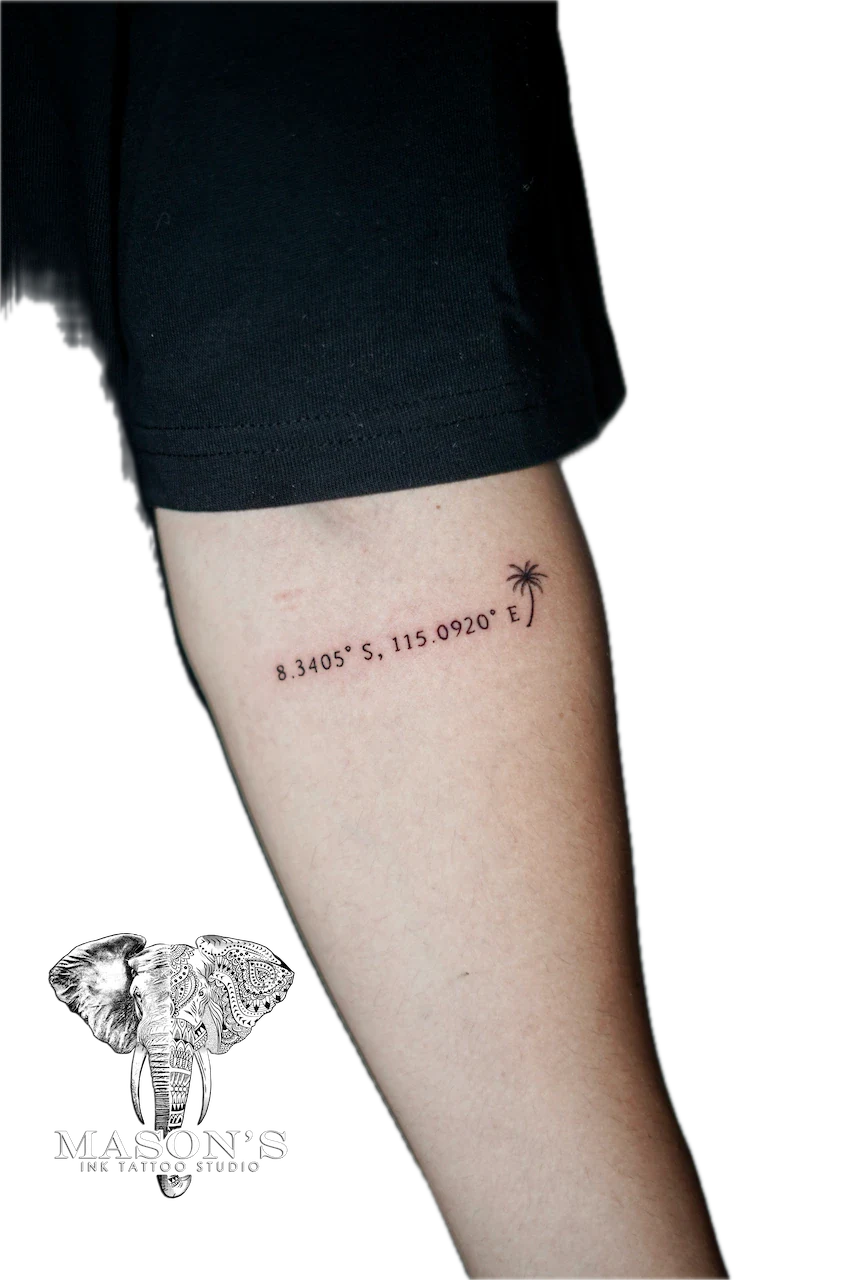 Fine Line Script and Palm Tree Tattoo Design - Fineline tattoo by Mason's Ink Tattoo Studio, Bali
