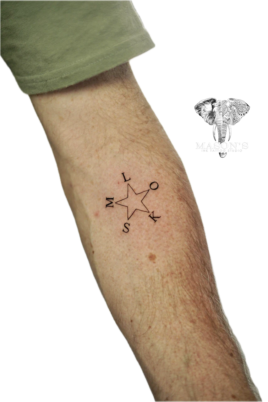 Fine Line Script and Star Tattoo Design: a star with letters inside on the forearm