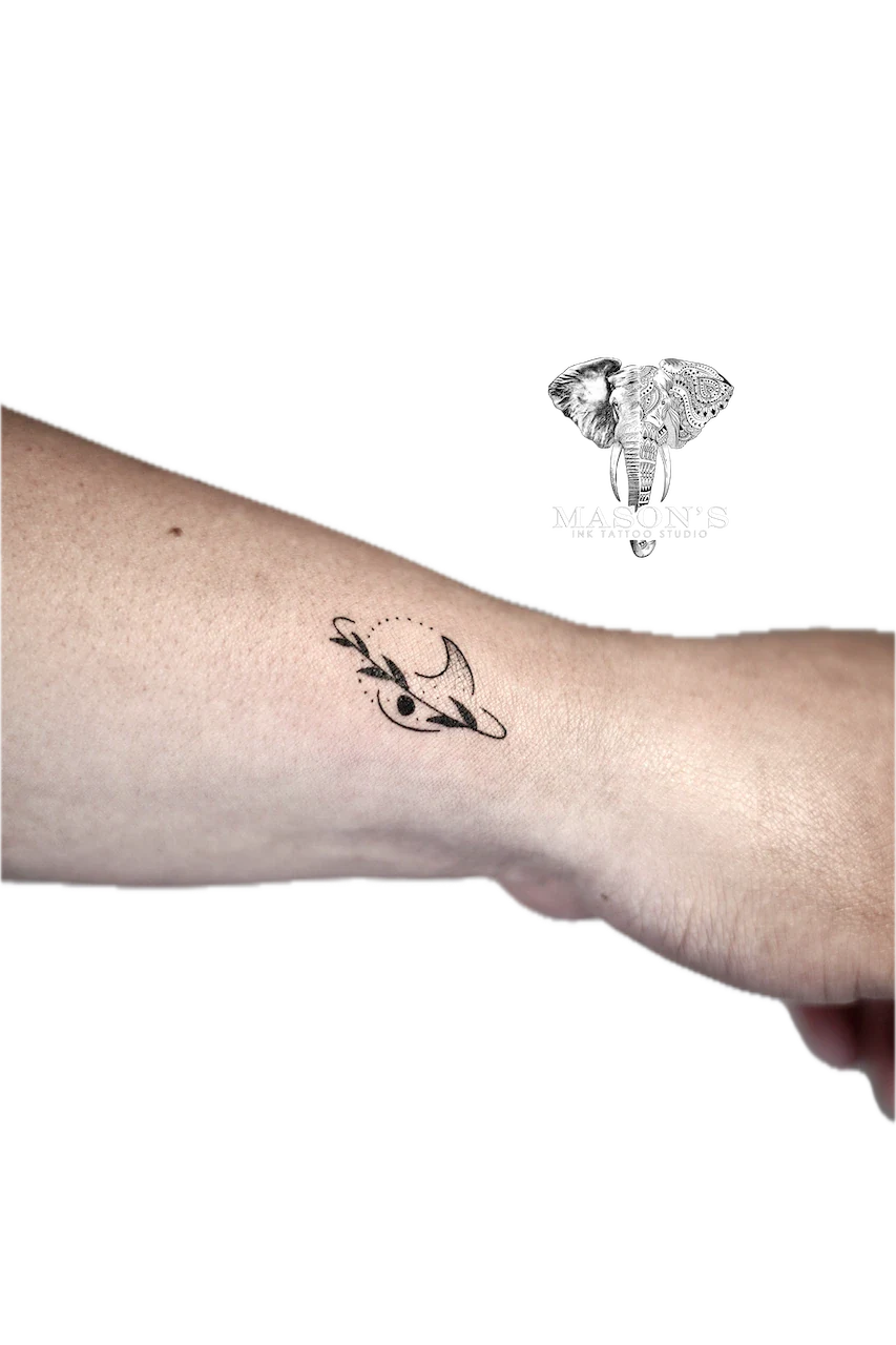 Fine Line Shark Fin and Leaf Tattoo Design by Mason's Ink Tattoo Studio, Bali