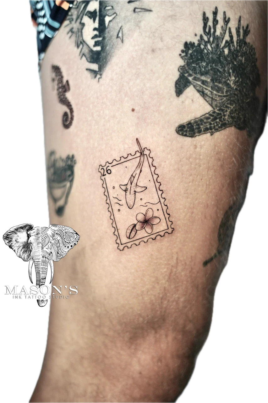 Fine Line Shark Frame Tattoo Design - Fineline tattoo by Mason's Ink Tattoo Studio, Bali