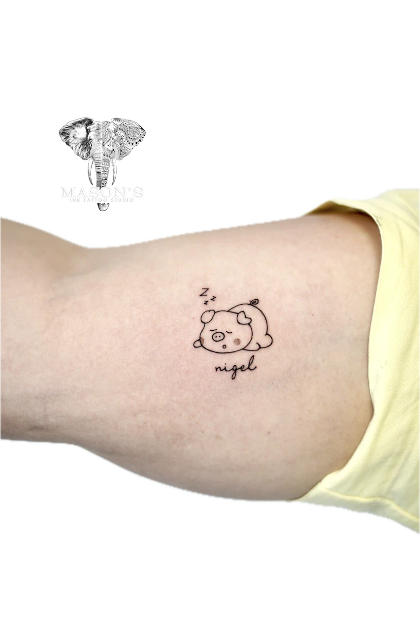 Fine Line Sleeping Pig Tattoo Design by Mason's Ink Tattoo Studio, Bali