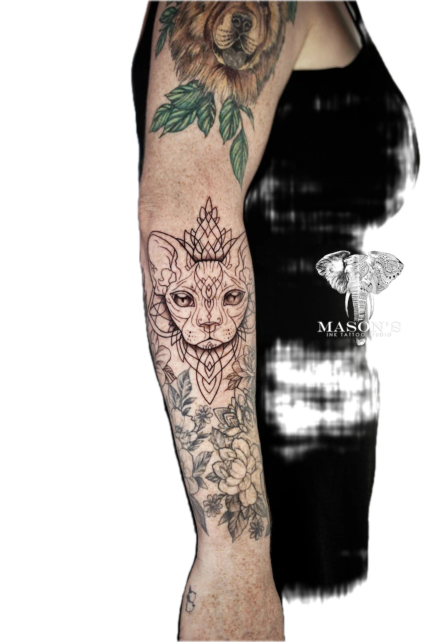 Fine Line Sphynx Cat Tattoo Design by Mason's Ink Tattoo Studio, Bali