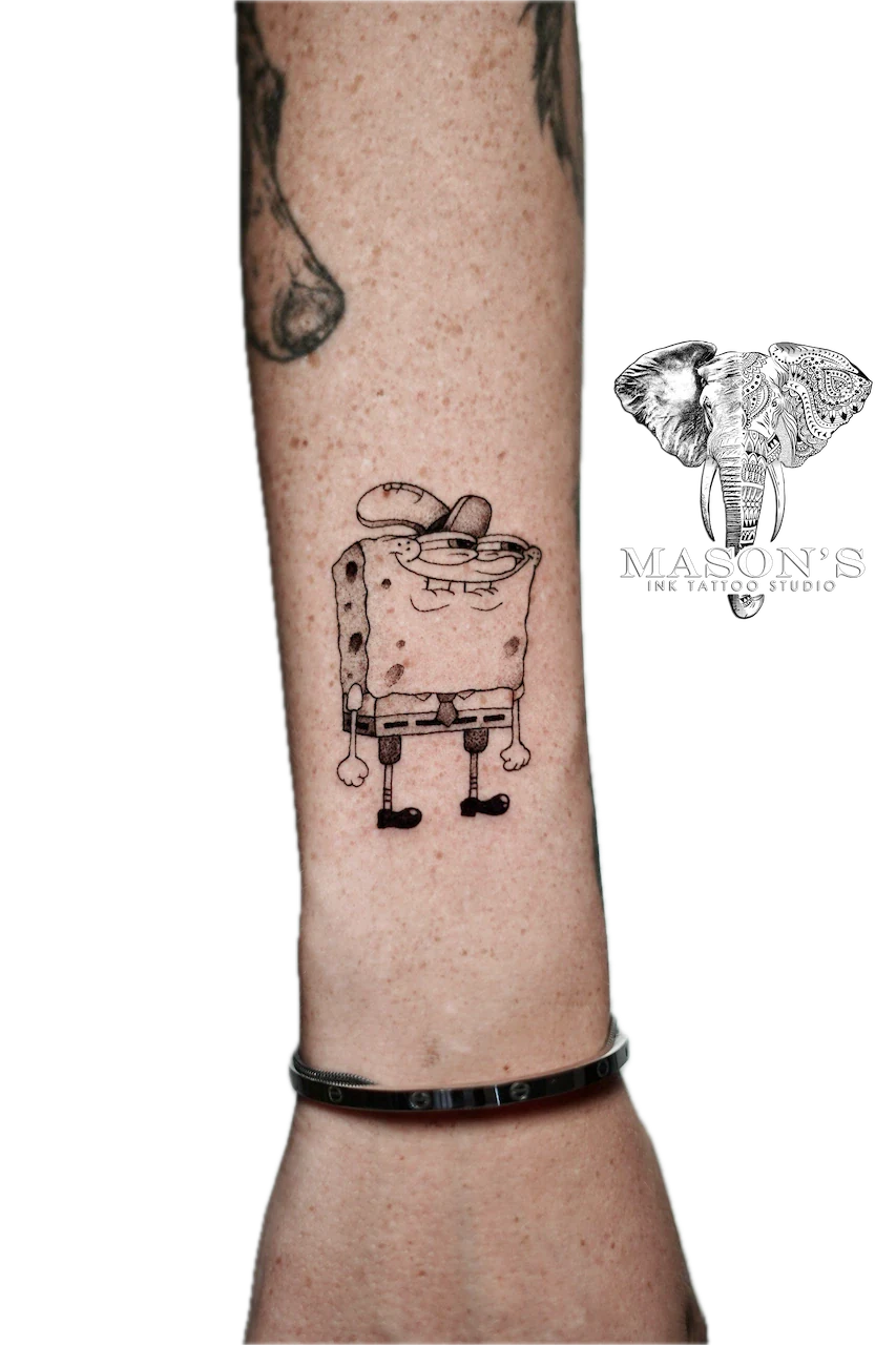 Fine Line SpongeBob Tattoo Design - Fineline tattoo by Mason's Ink Tattoo Studio, Bali