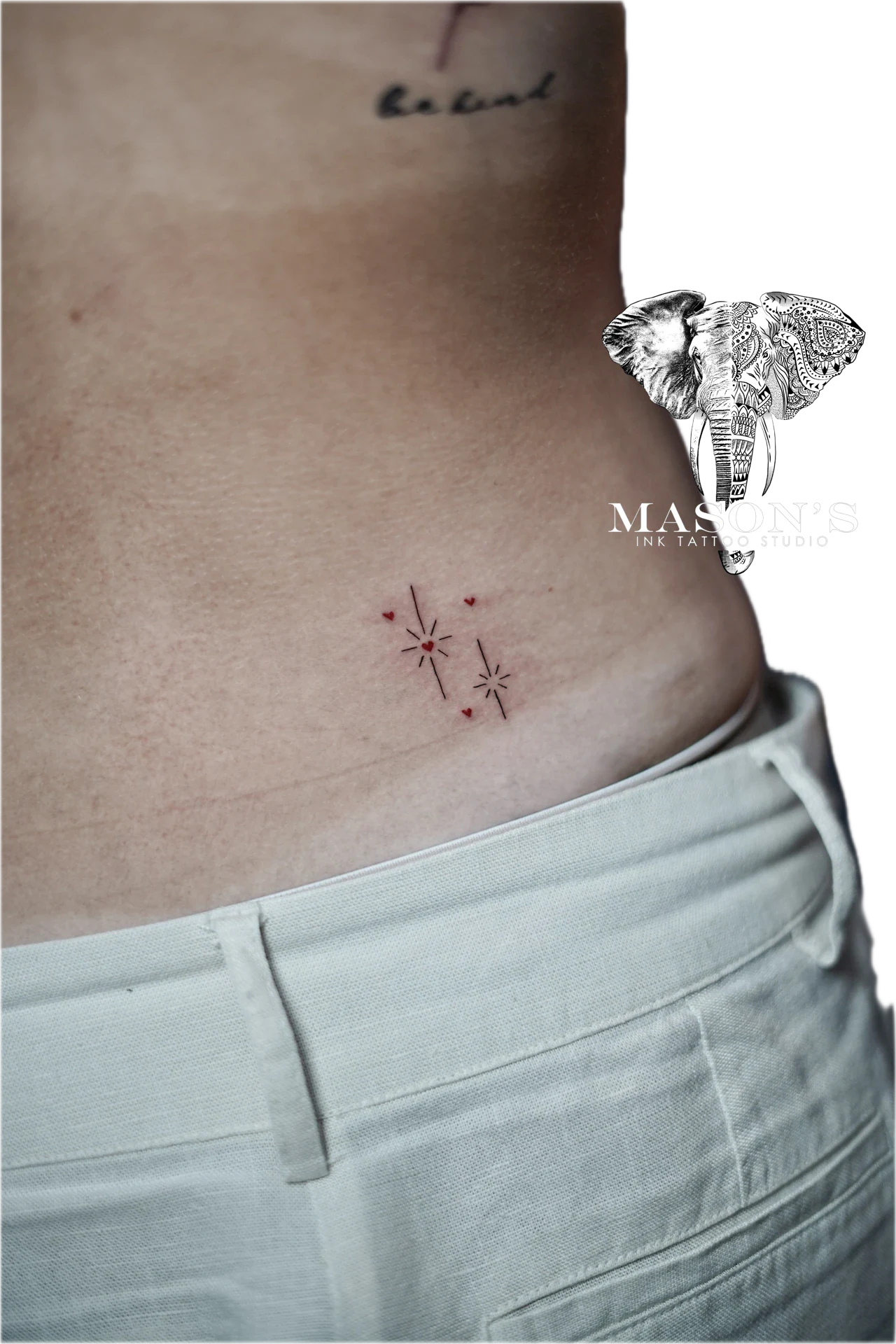 Fineline Star and Heart Tattoo Design: Small hearts and stars with geometric patterns on the stomach