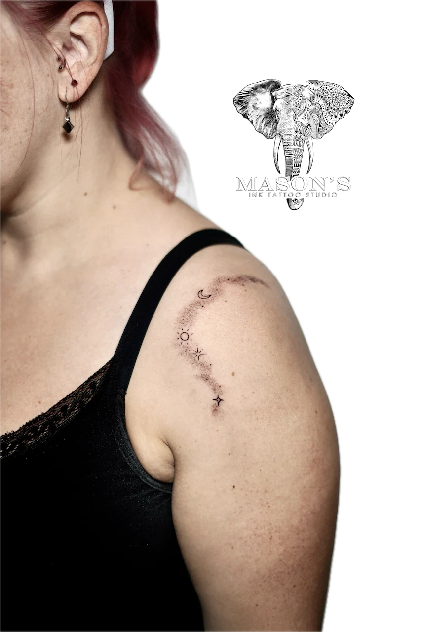 Fine Line Star and Moon Tattoo Design - Fineline tattoo by Mason's Ink Tattoo Studio, Bali