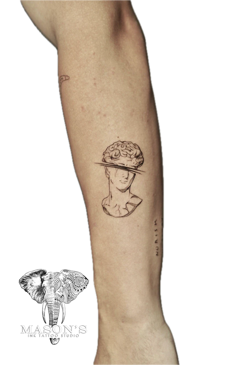Fine Line Statue Tattoo Design - Fineline tattoo by Mason's Ink Tattoo Studio, Bali