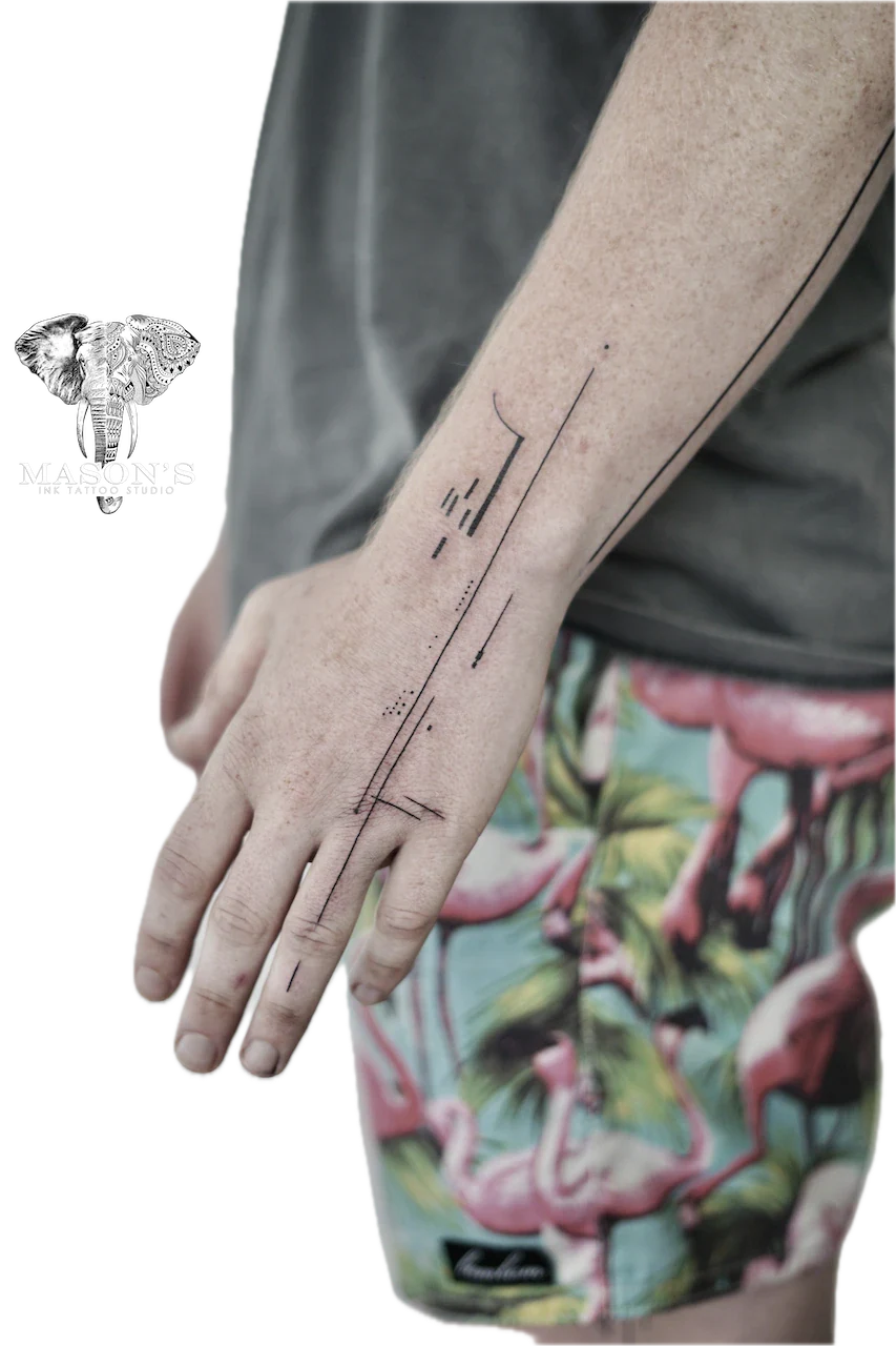 Fine Line Straight Tattoo Design: Minimal geometric line and dot pattern on the forearm