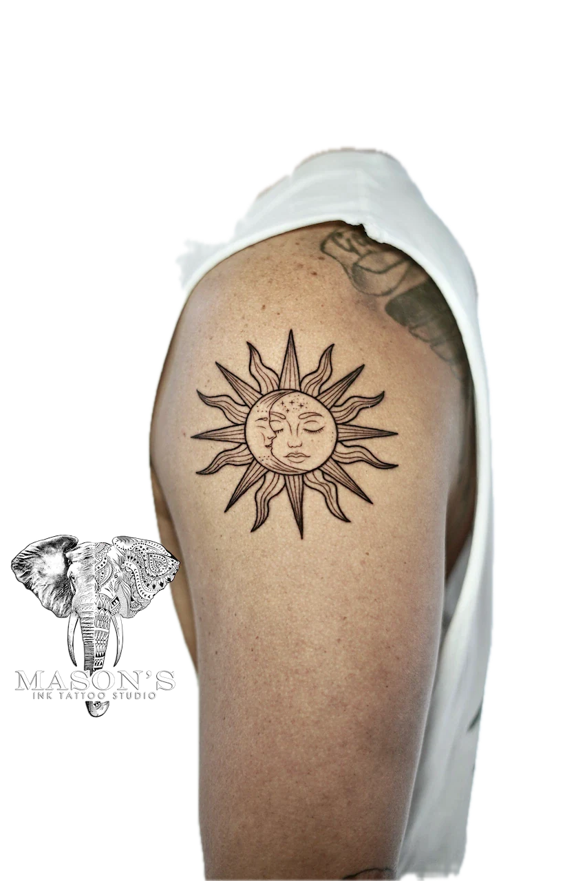 Fine Line Sun Tattoo Design: a minimalist sun face tattoo with closed eyes on the upper arm