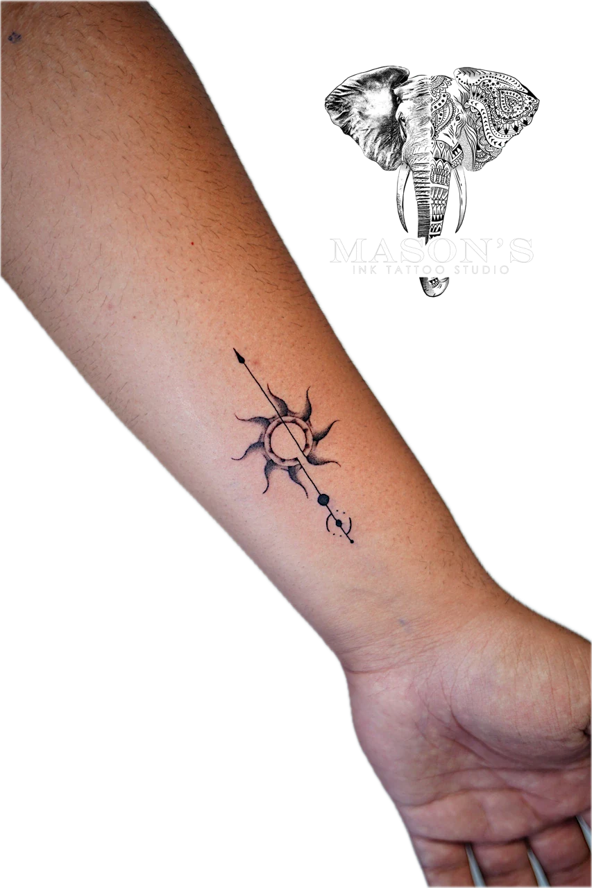 Fine Line Sun Tattoo Design: a minimalist moon and star tattoo with geometric elements