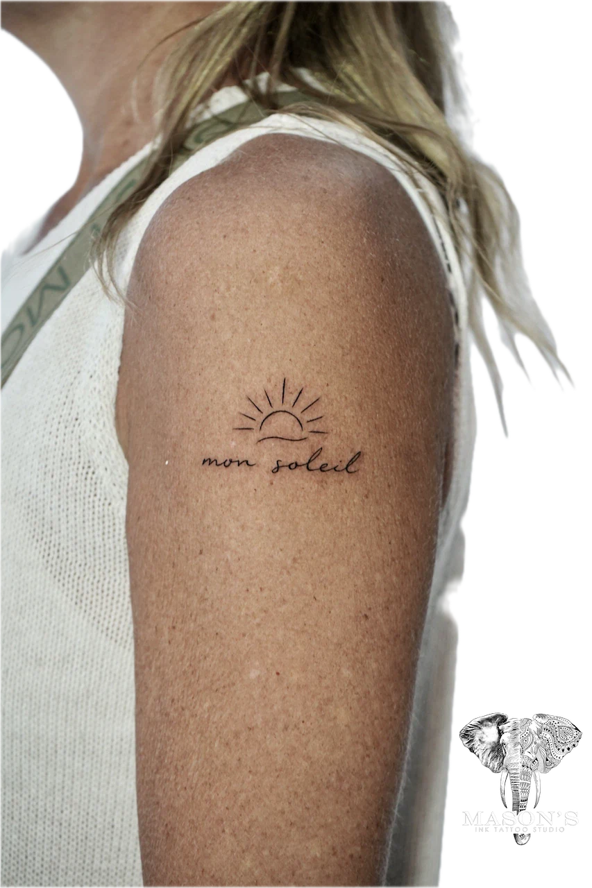Fine Line Sun and Script Tattoo Design - Fineline tattoo by Mason's Ink Tattoo Studio, Bali