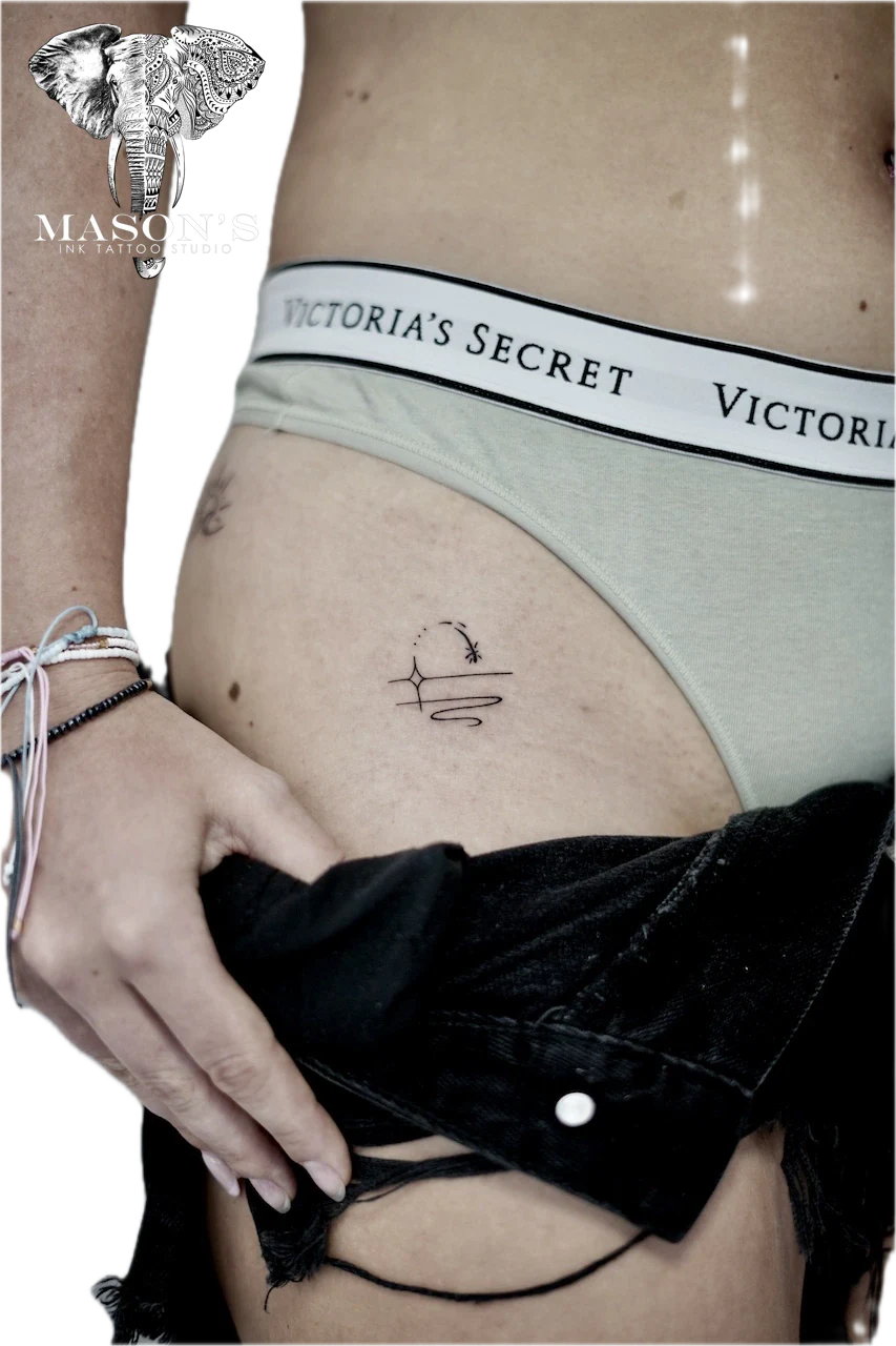 Fine Line Sun and Wave Tattoo Design: a minimal geometric tattoo with a star, arrow, and wave on the hip