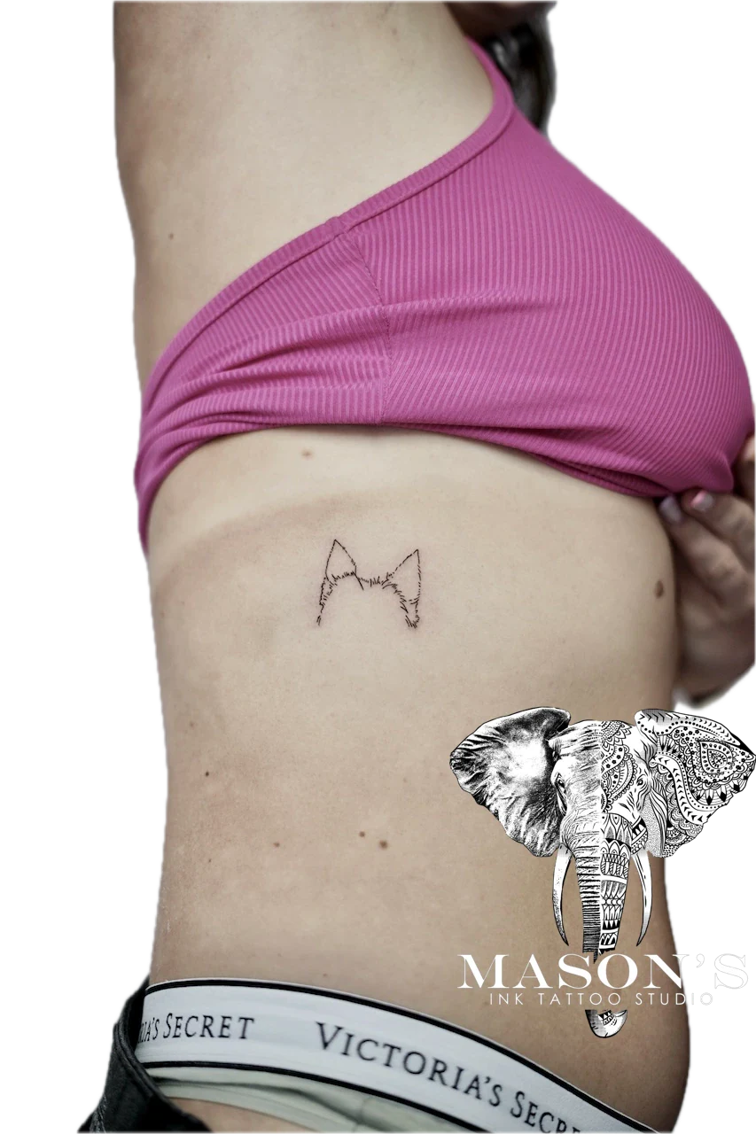 Fine Line Sun and Wave Tattoo Design: Small fox and elephant tattoos with geometric patterns on the stomach