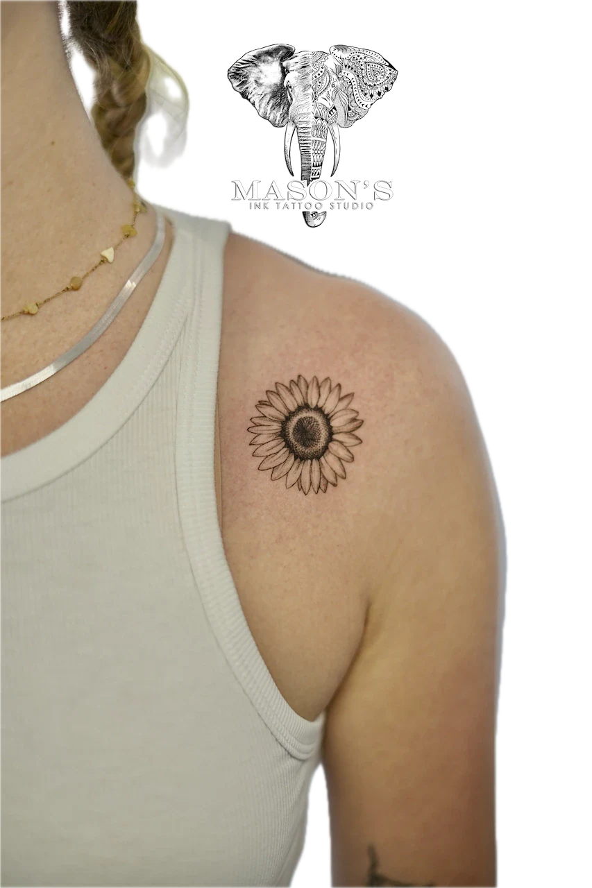 Fine Line Sunflower Tattoo - Fineline tattoo by Mason's Ink Tattoo Studio, Bali