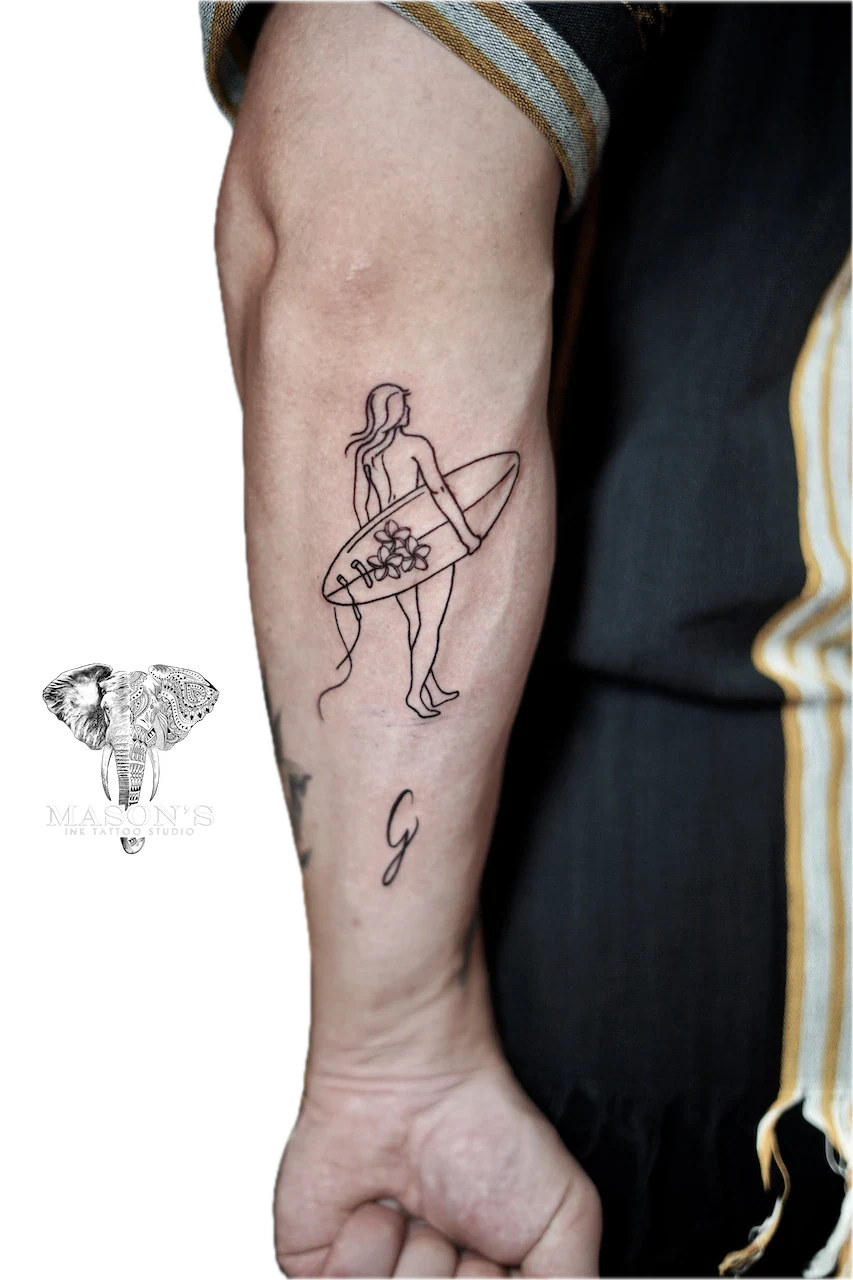 Fine Line Surfer Outline Tattoo Design by Mason's Ink Tattoo Studio, Bali