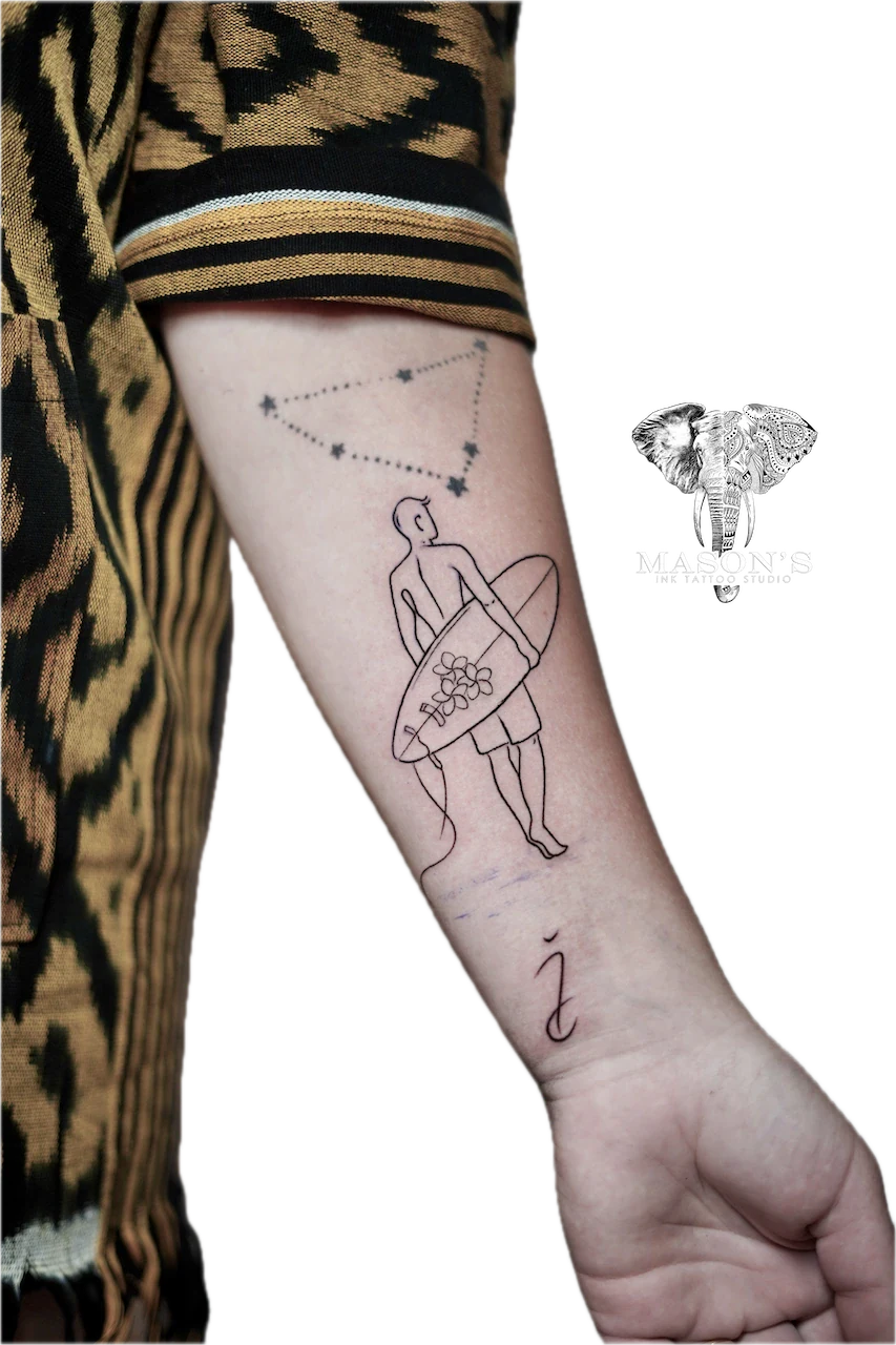 Fine Line Surfer Tattoo Design by Mason's Ink Tattoo Studio, Bali