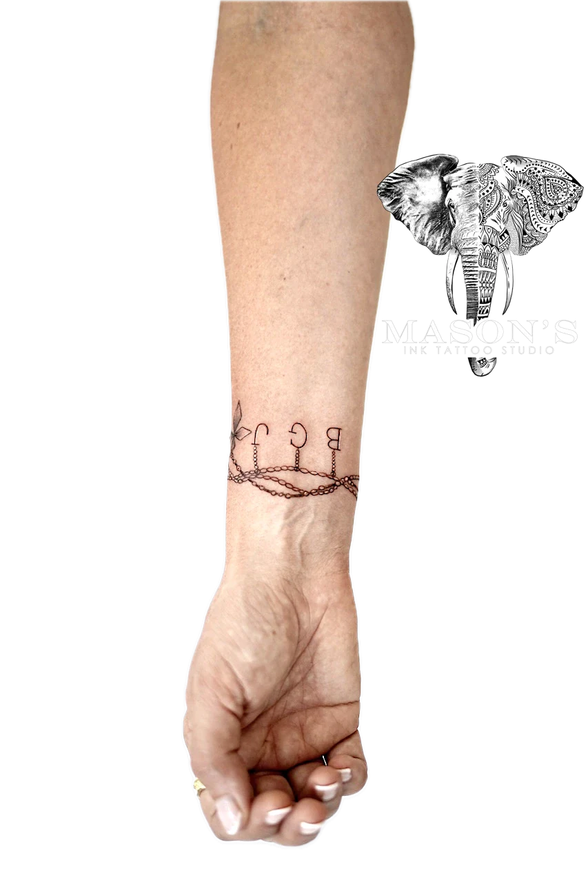 Fine Line Tattoo Design: Minimalist wrist tattoo of lettering and ornamental symbols
