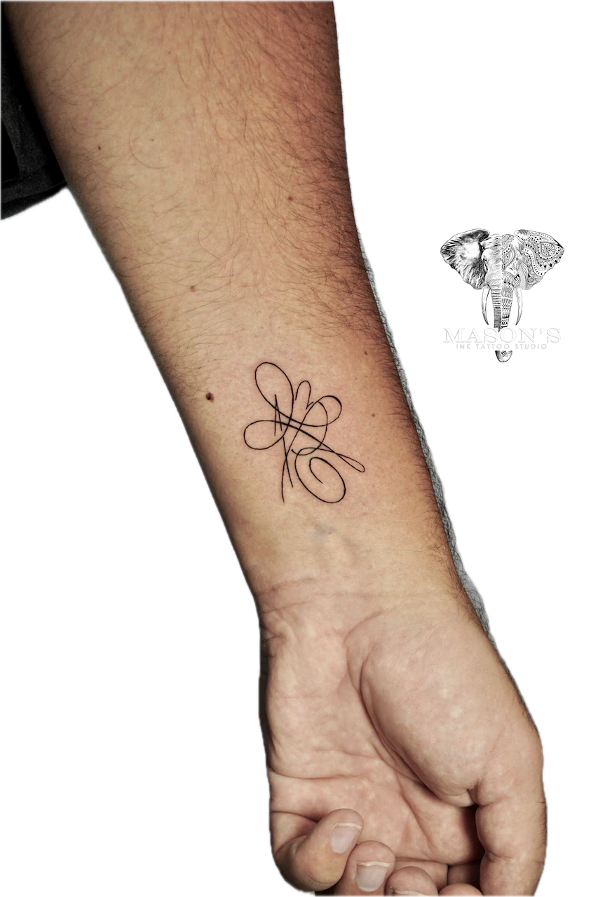 Fine Line Tattoo Design: a minimalist swirling flower tattoo on the forearm